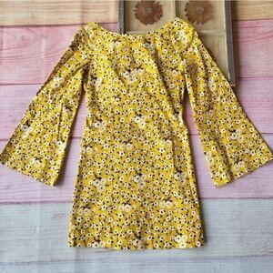 Zara Yellow Floral Bell Sleeve Mini‎ Dress Small Mod Retro Colorful Summer
